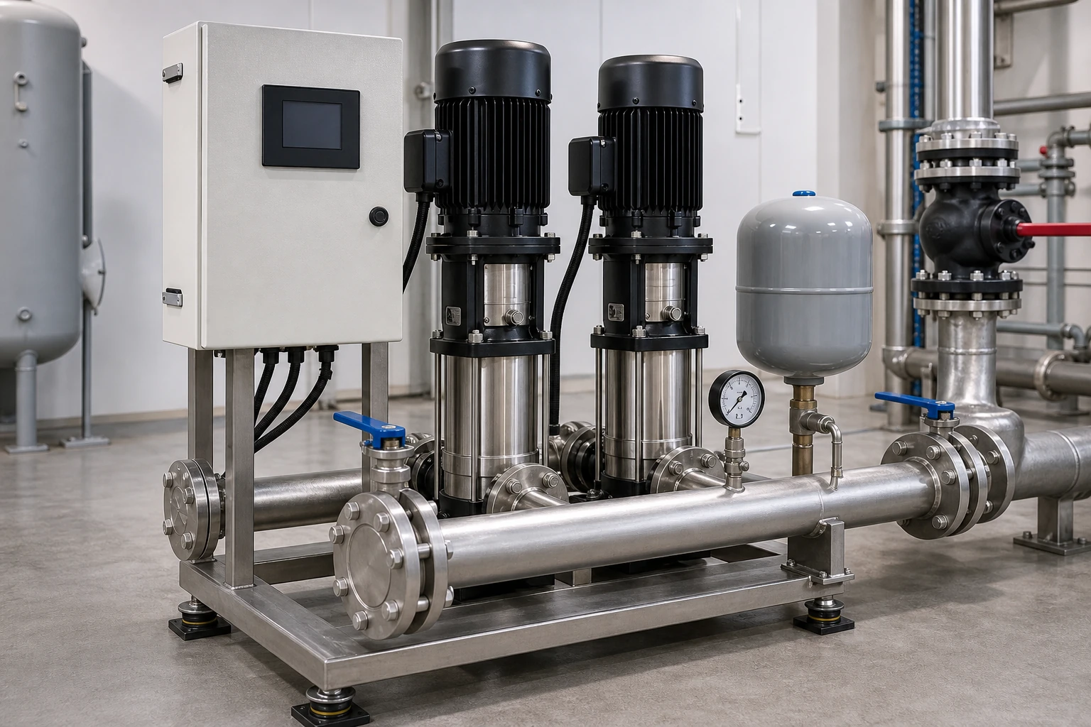 Booster pump system detail showing manifolds, pumps, valves, gauge, tank and controller.