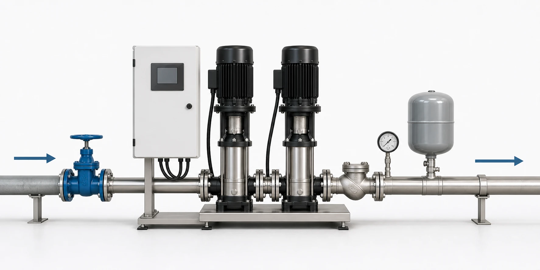 Booster pump installation flow concept showing source, pump, check valve, pressure tank and outlet.