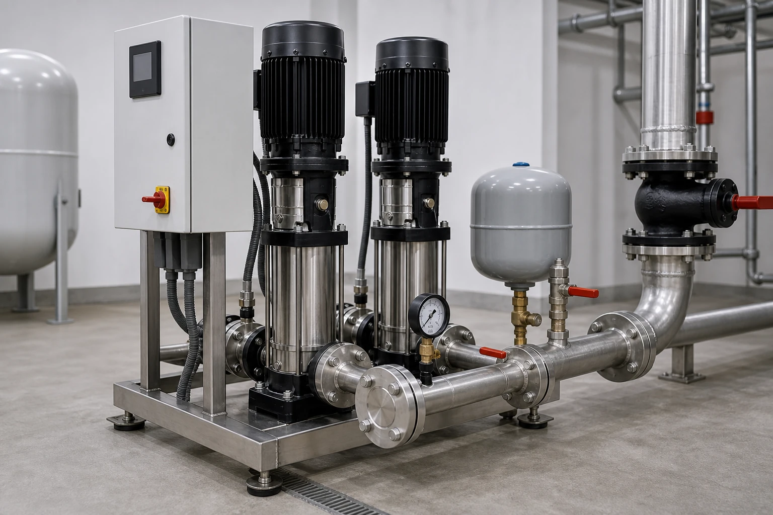 Booster pump skid detail with controller, pressure tank, gauge and service valves.