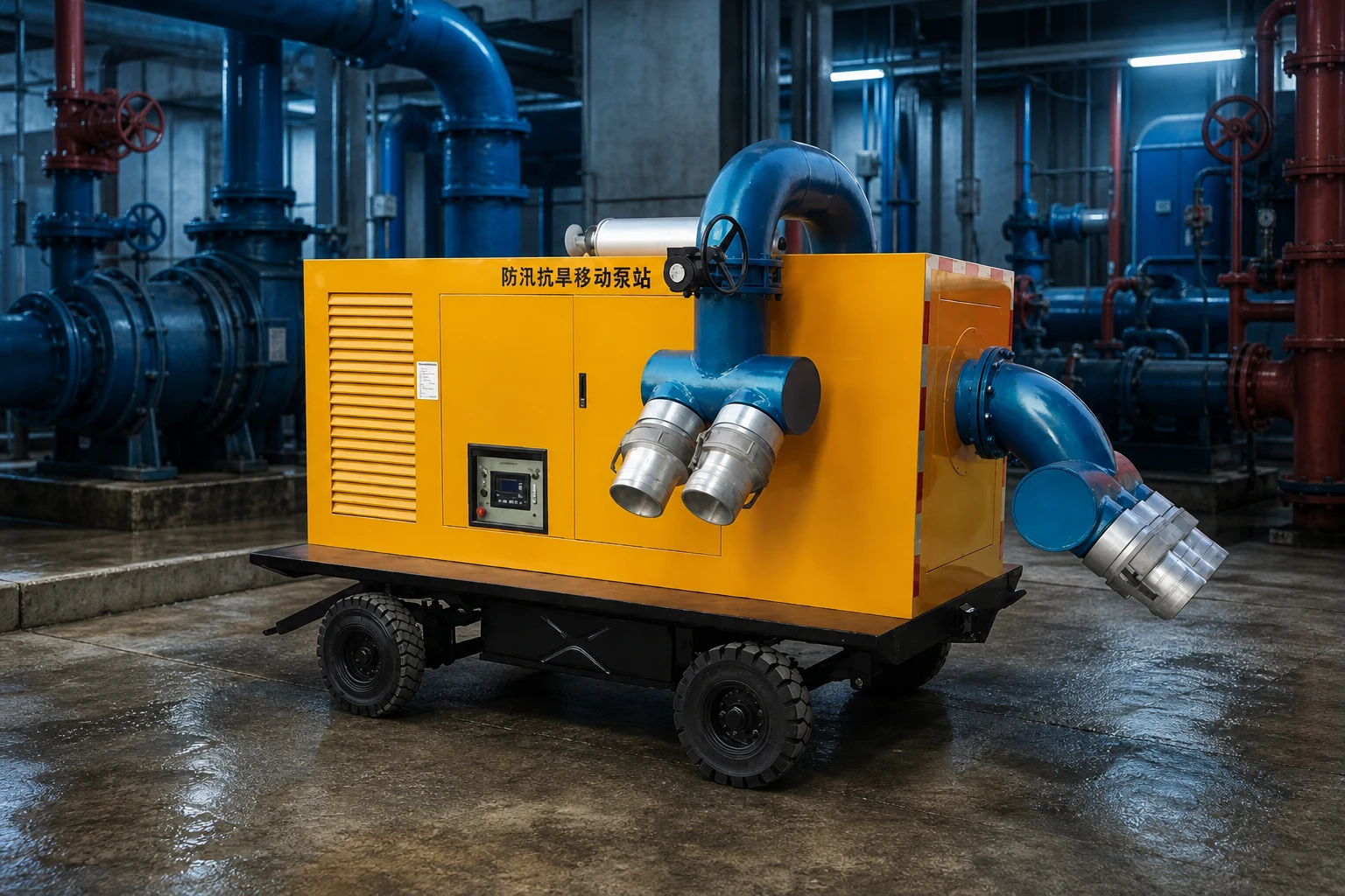 construction dewatering pump — BORRA official product with illustrative industrial background (not a real site photo)