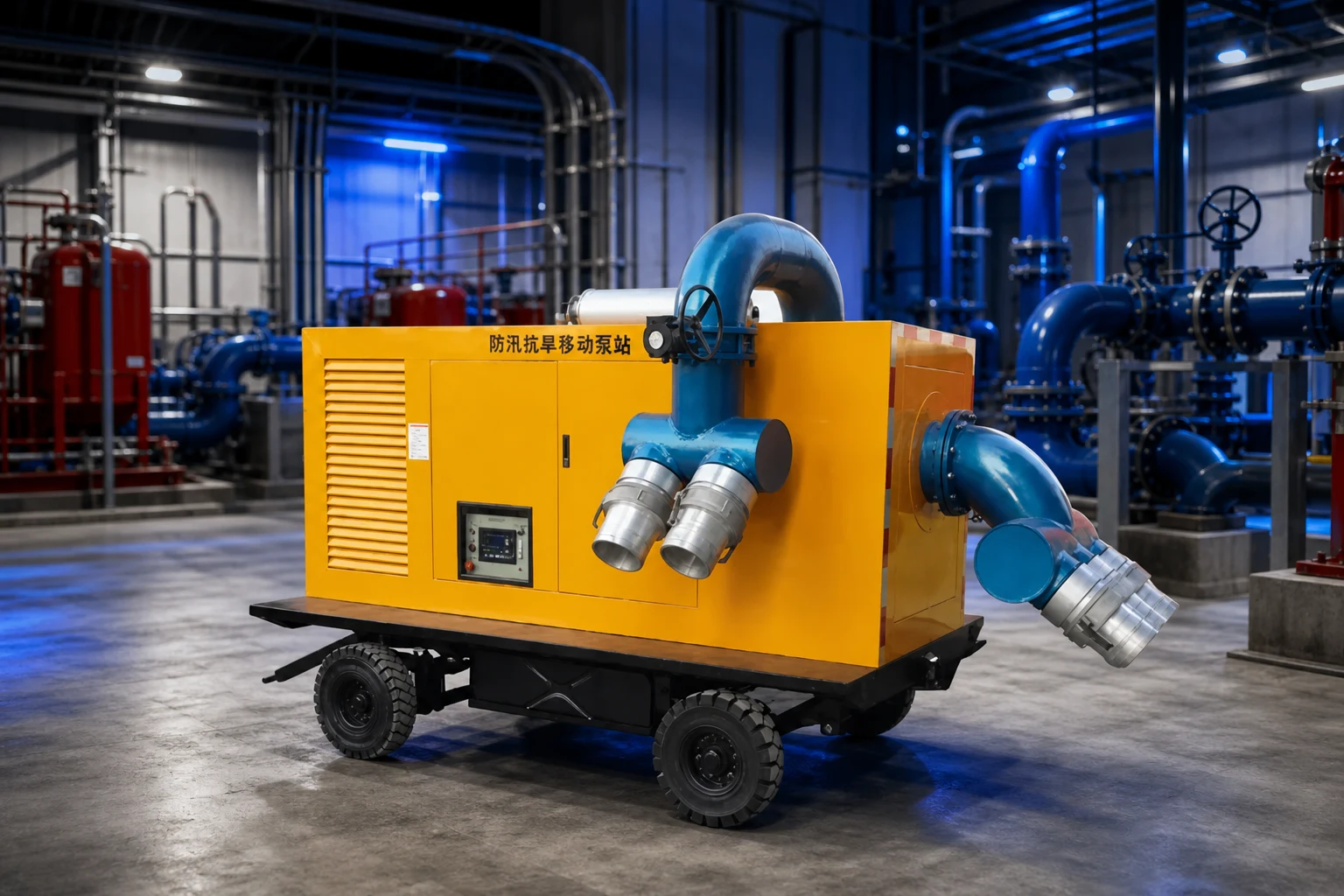 construction dewatering pump concept illustration with official product background (not a real site photo)