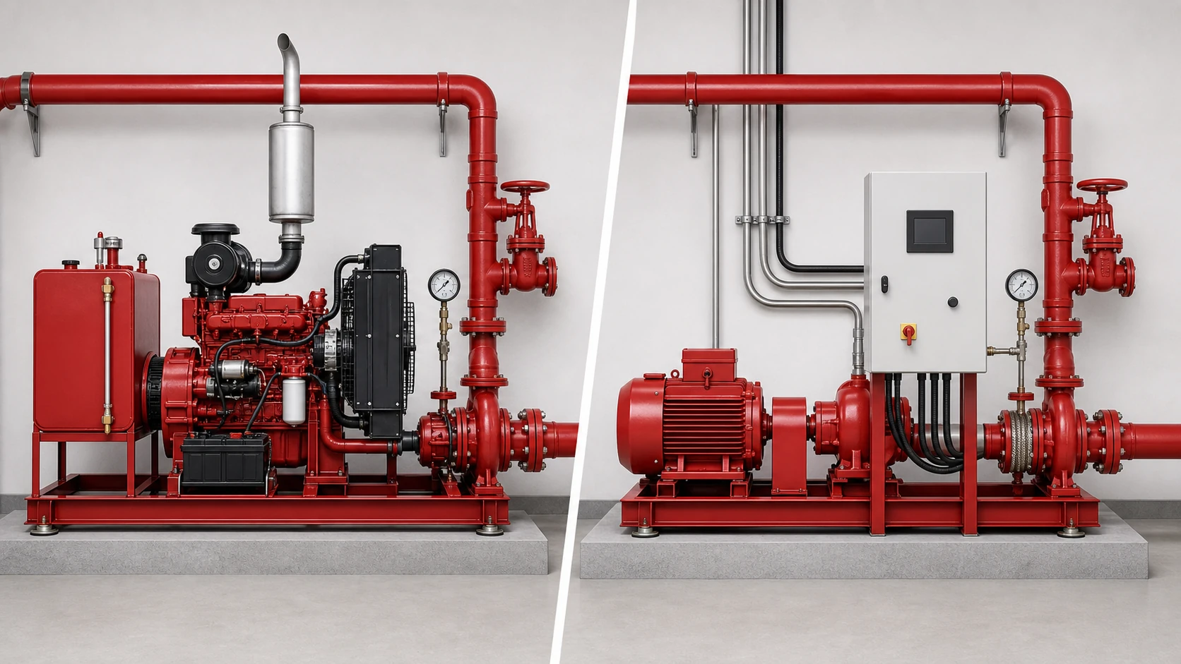 Side-by-side diesel and electric fire pump package comparison.