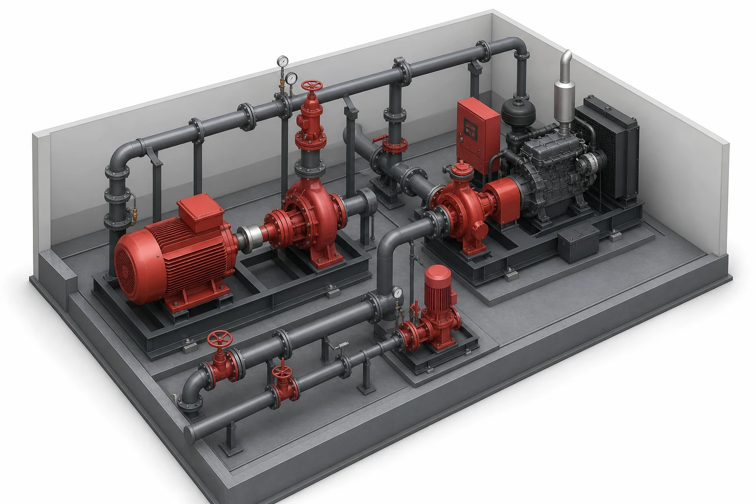 Illustration of an EDJ fire pump package with electric, diesel and jockey pumps