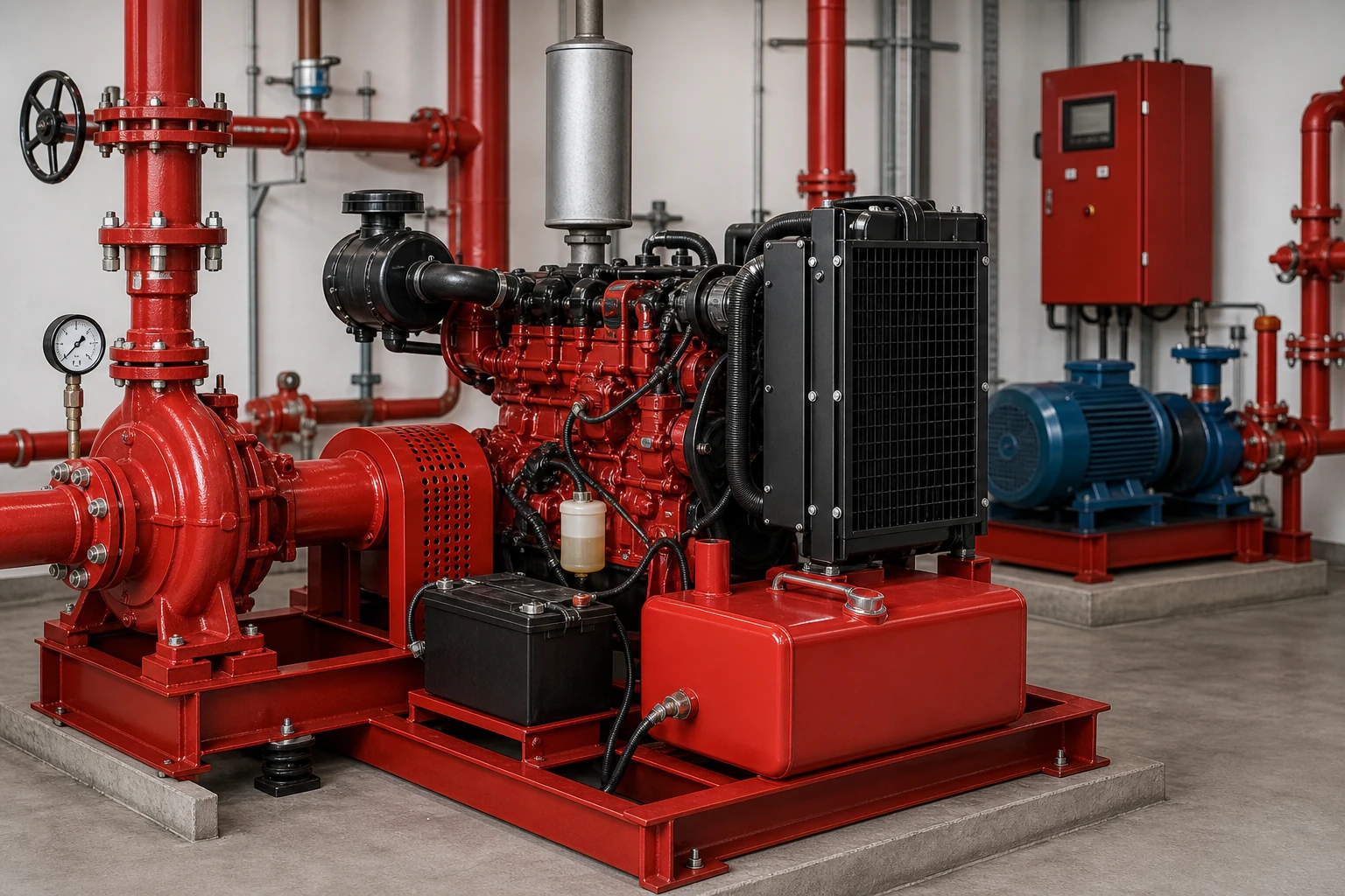 Diesel fire pump package detail with electric fire pump context.