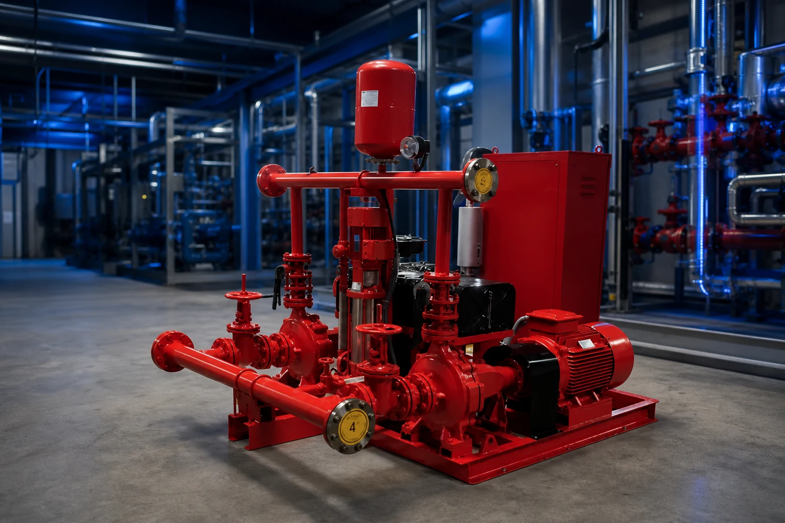 split case fire pump concept illustration with official product background (not a real site photo)