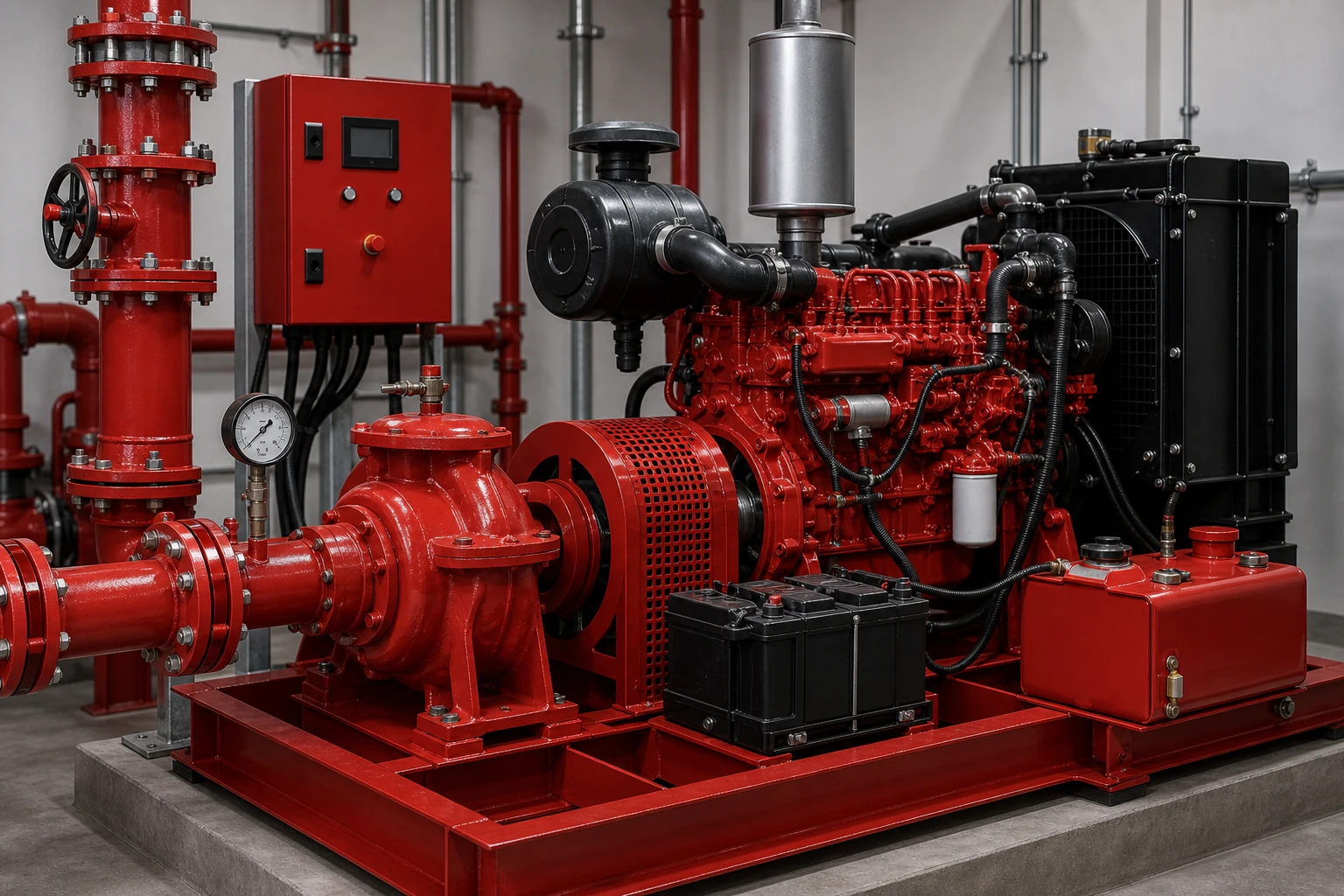 Diesel fire pump package detail with engine, pump, controller, radiator and piping.