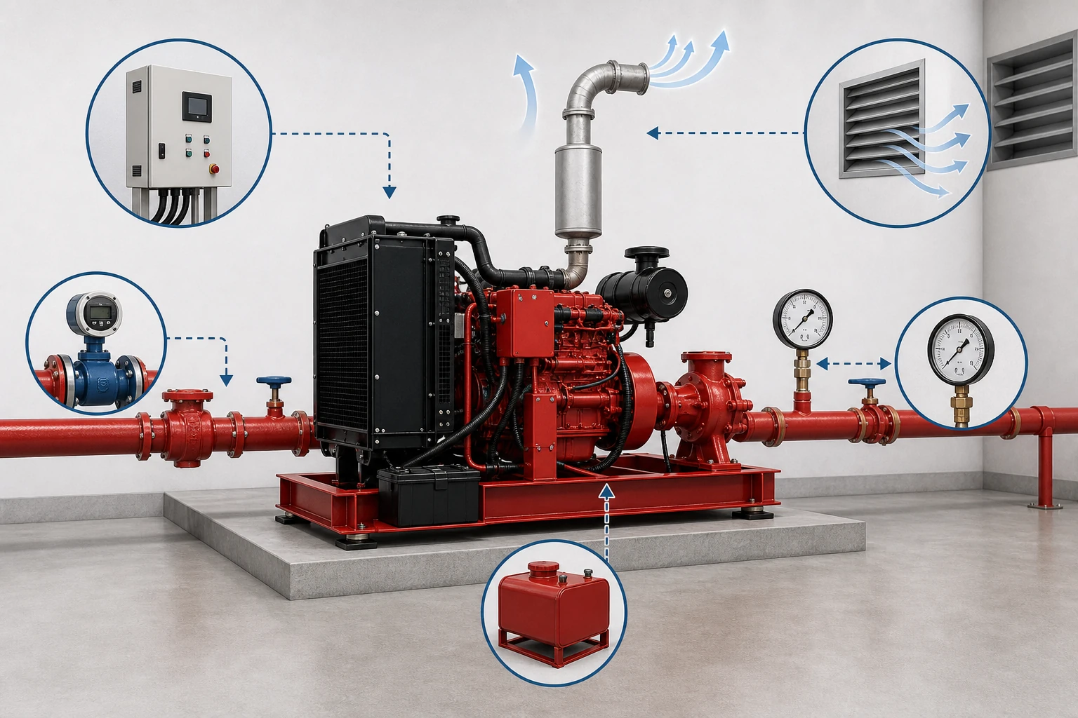 Diesel fire pump selection concept with flow, pressure, controller, fuel and ventilation cues.