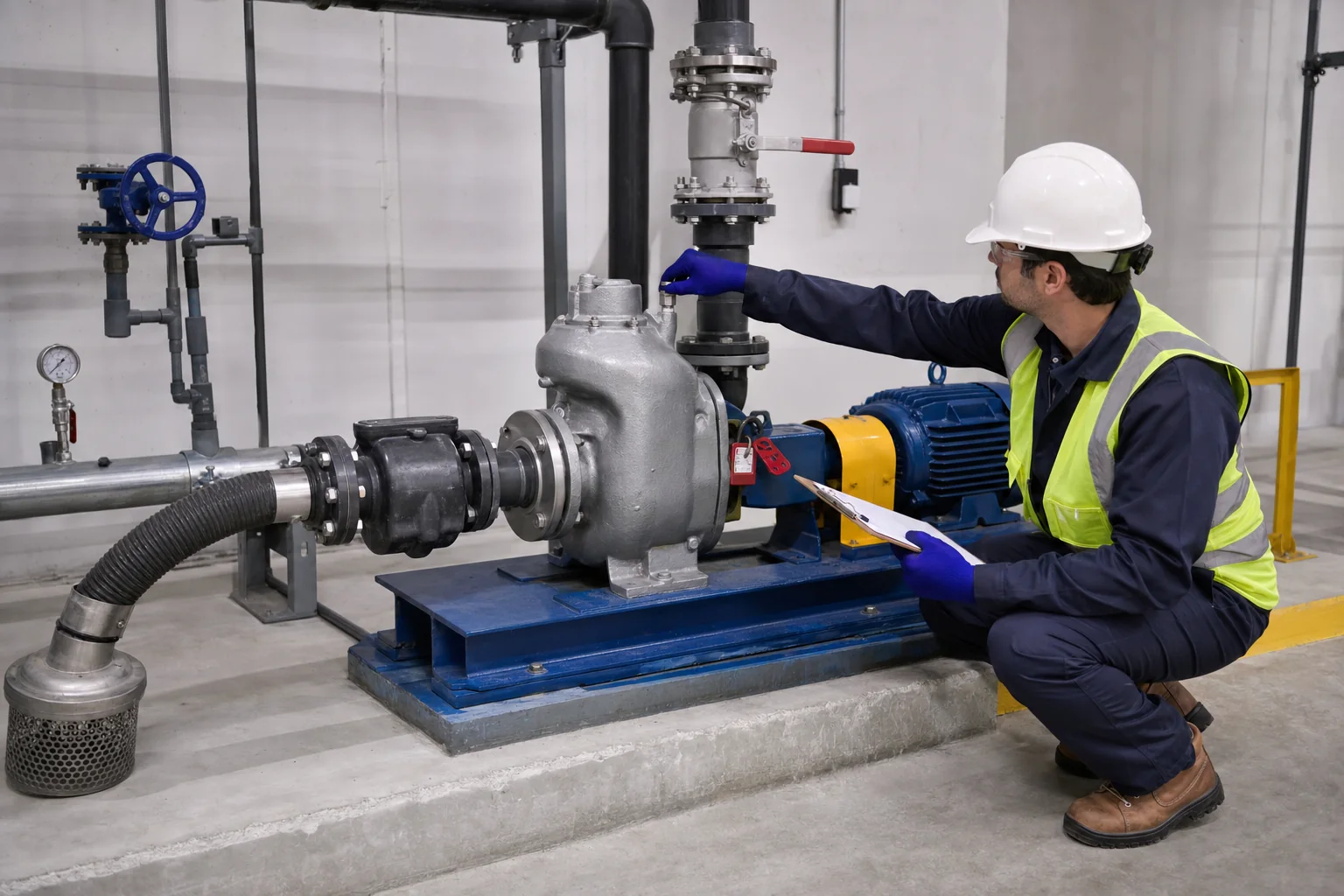 Self-priming pump suction line valve and casing inspection