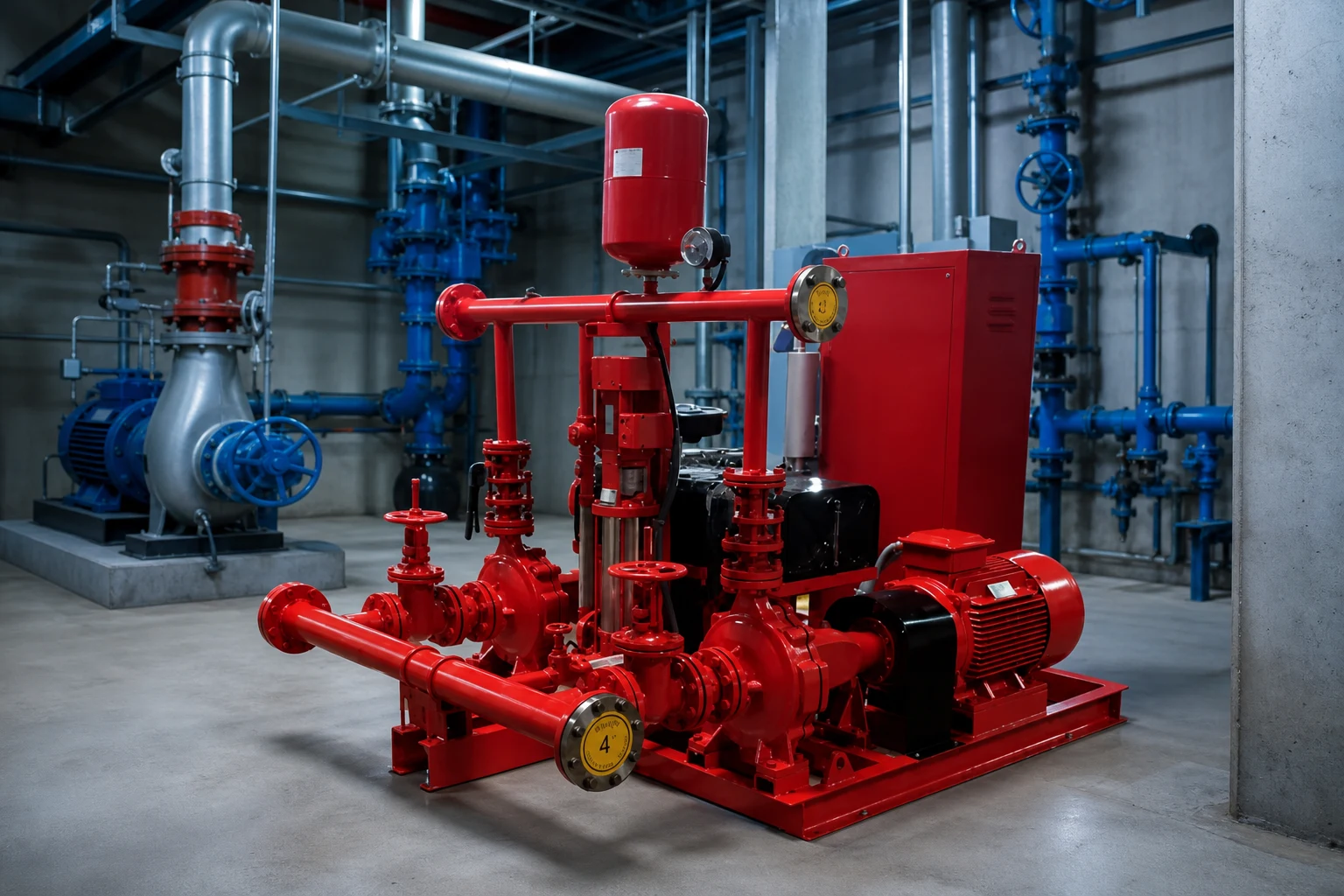 skid mounted fire pump — BORRA official product with illustrative industrial background (not a real site photo)