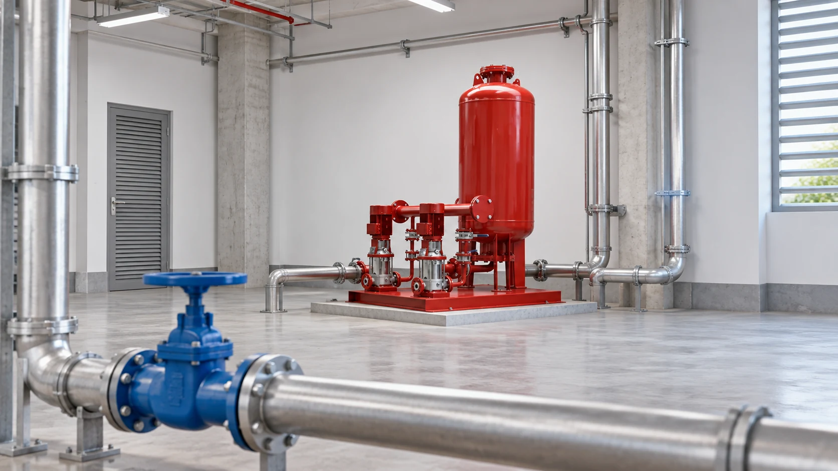 BorraPumps-style red booster set in the background behind a blue isolation valve