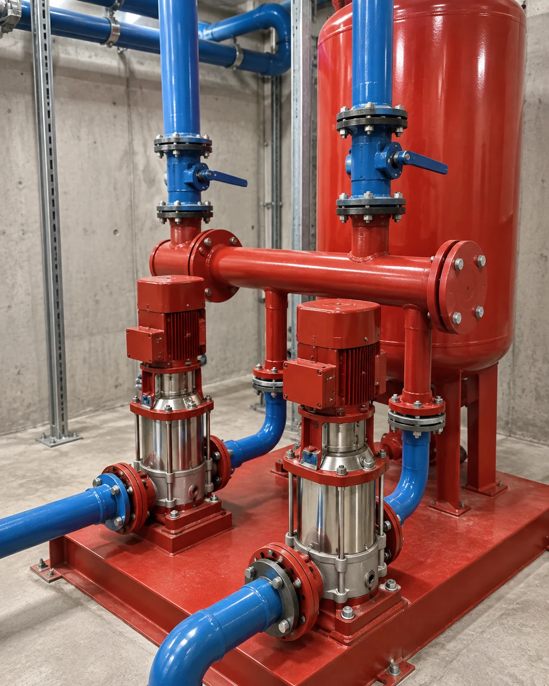 Close view of two vertical pumps and red vessel connected to blue water pipework