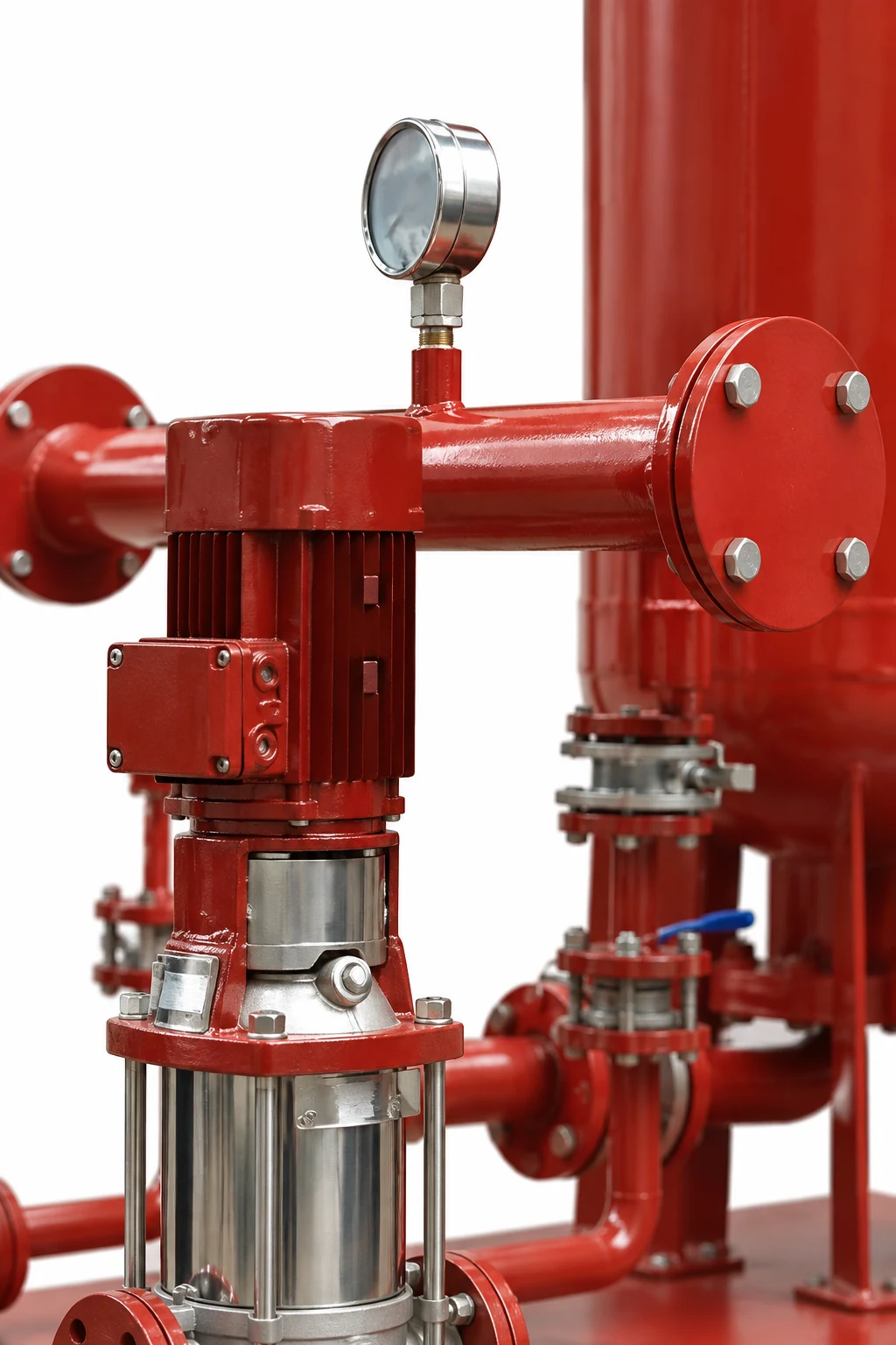Close view of an unmarked gauge on red booster manifold above one vertical pump