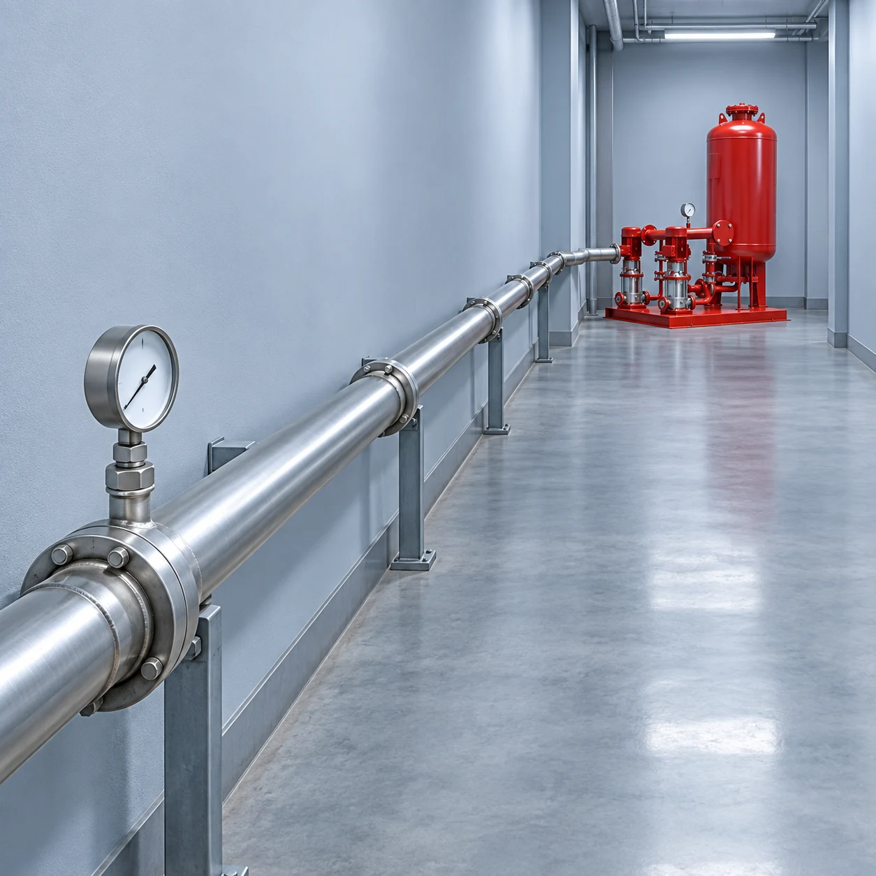 Long silver pipe with gauge leading toward a red two-pump booster at the end of a corridor