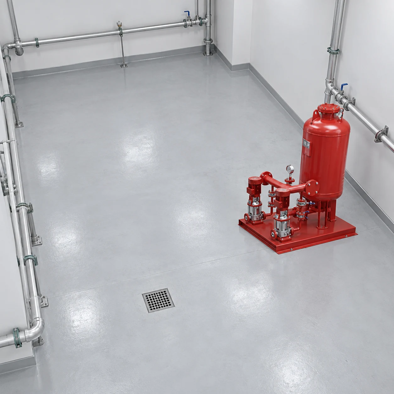 High view of a red two-pump booster set beside open floor space and a drain