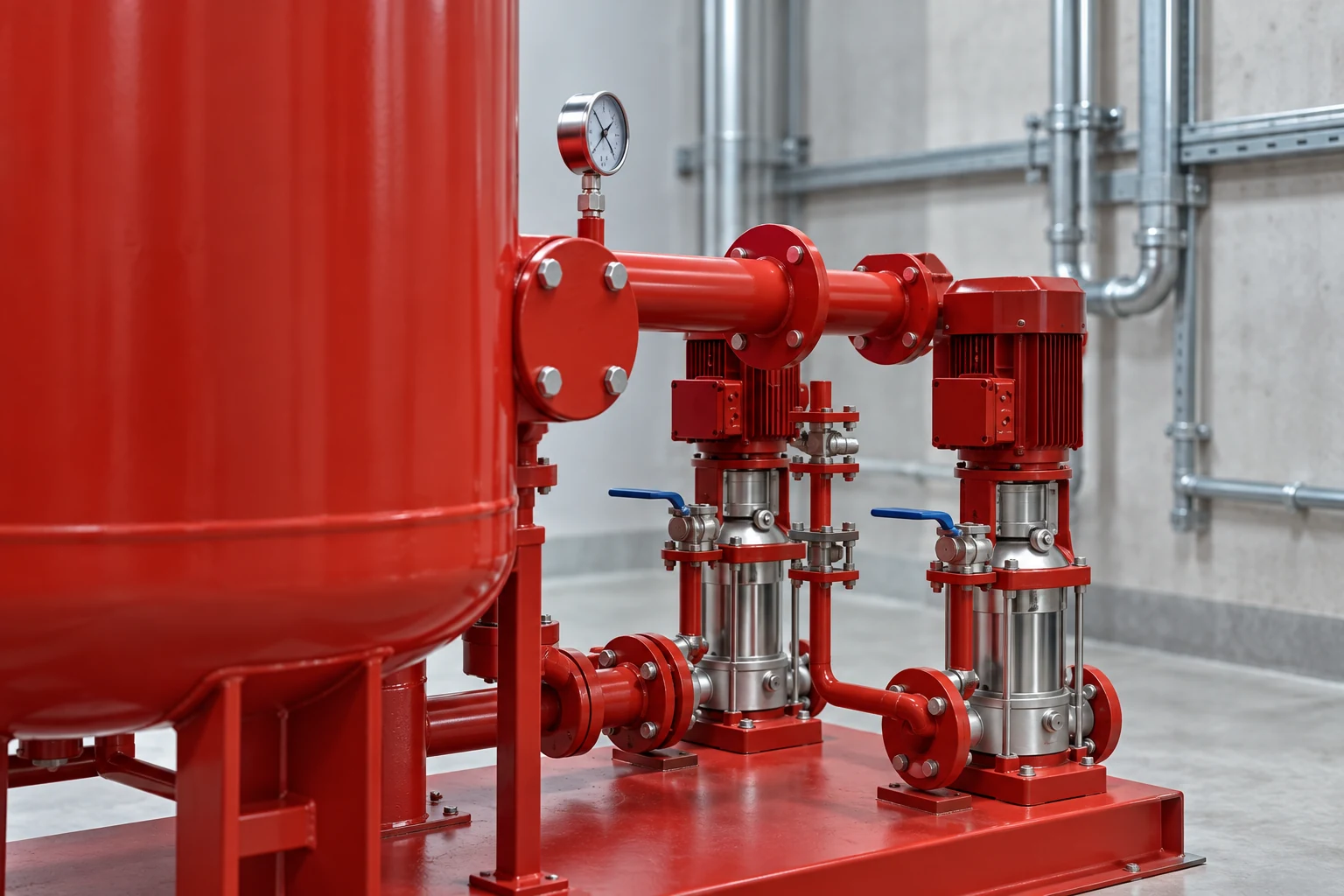 Red vessel and two stainless vertical pumps with small gauge in a clean utility room