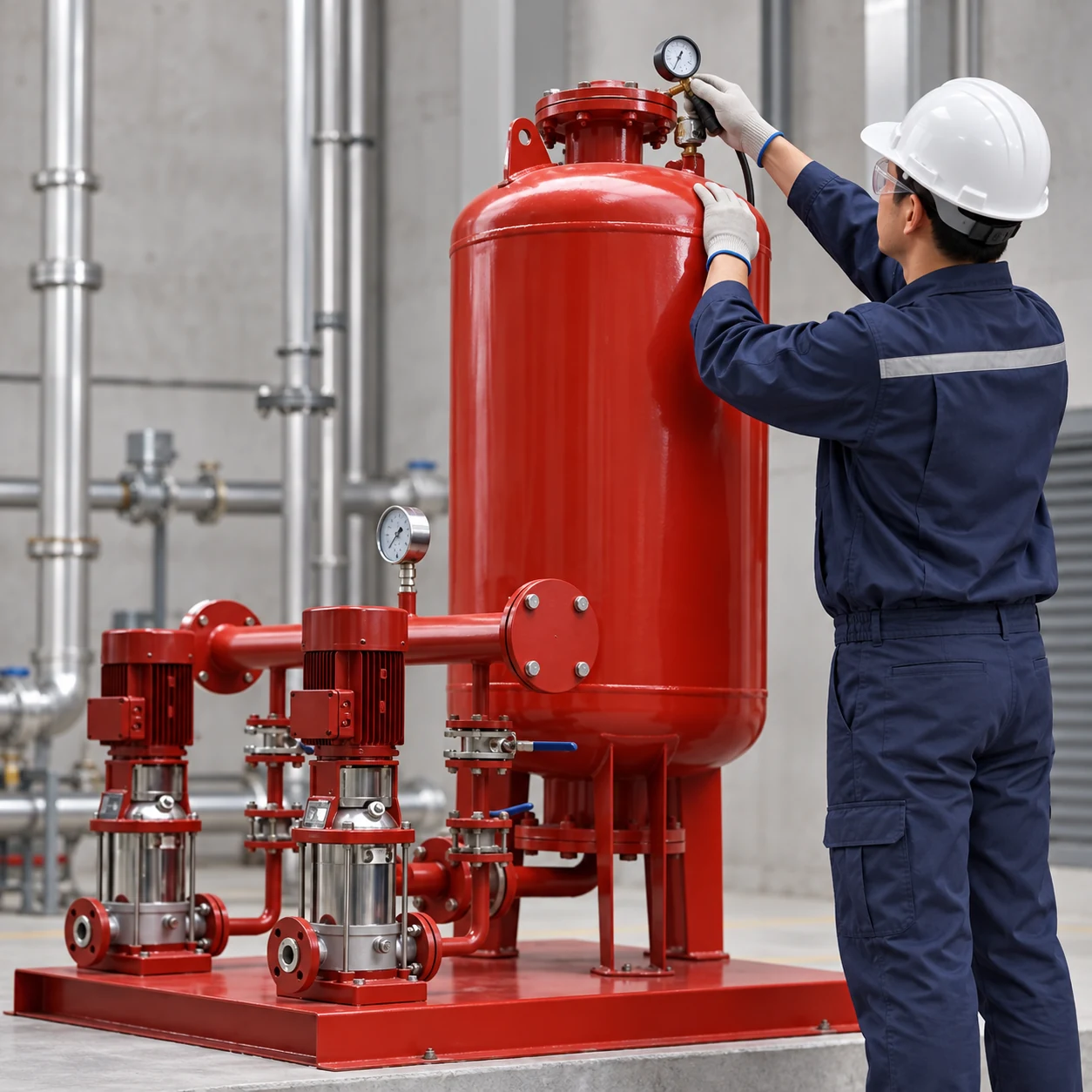 Technician checking the top of a red pressure vessel with a gauge