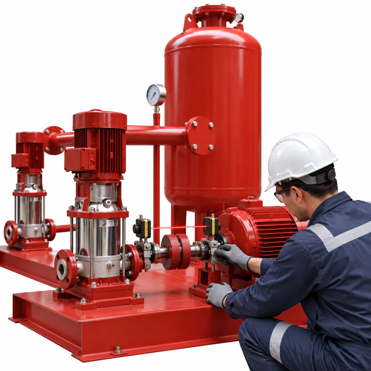 Technician using a laser alignment tool near a booster pump motor