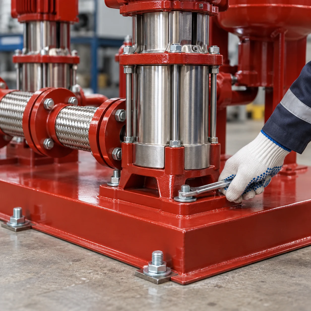 Gloved hand checking a pump baseplate anchor and flexible connector