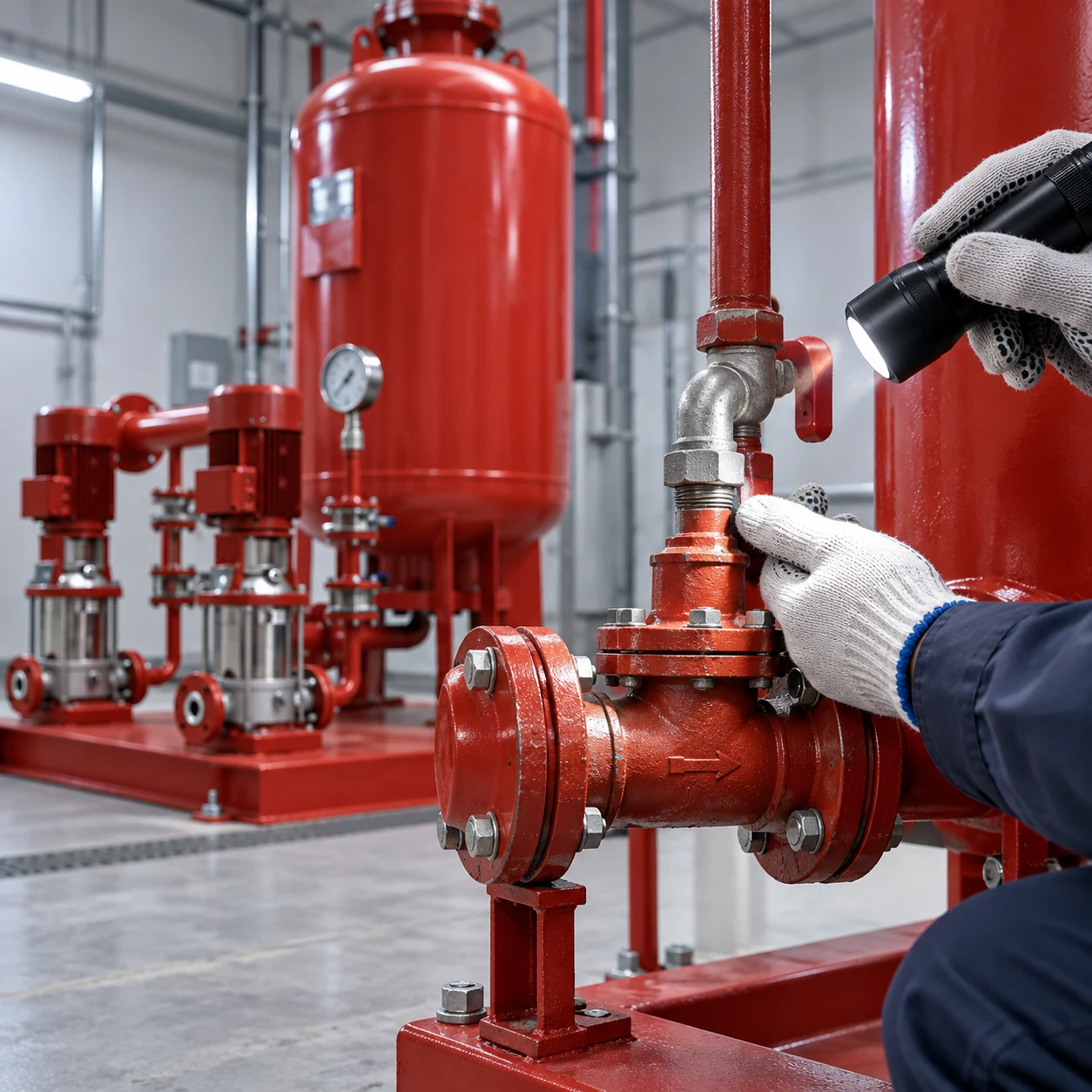 Technician inspecting a check valve and header joint on a booster skid