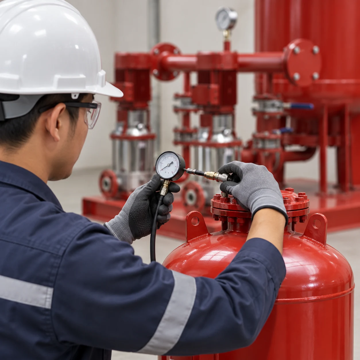 Technician checking pressure at a red booster vessel