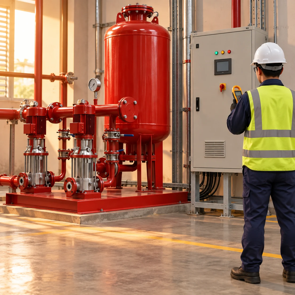 Technician checking a booster pump control cabinet
