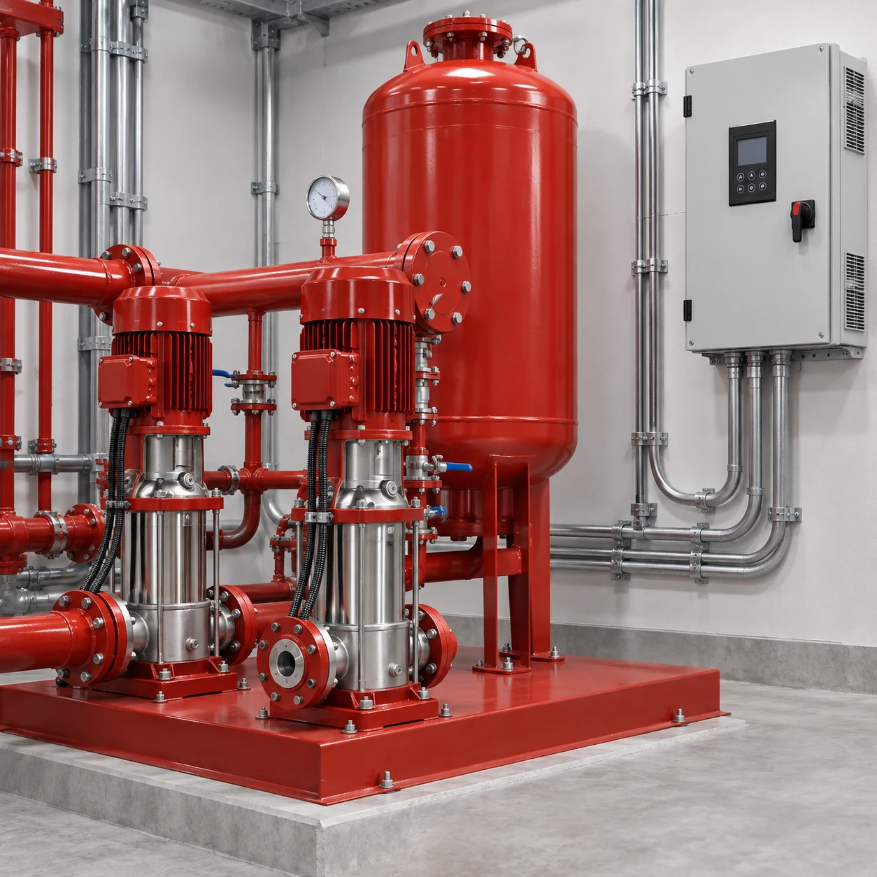 Close view of booster pumps, pressure vessel, and VFD cabinet