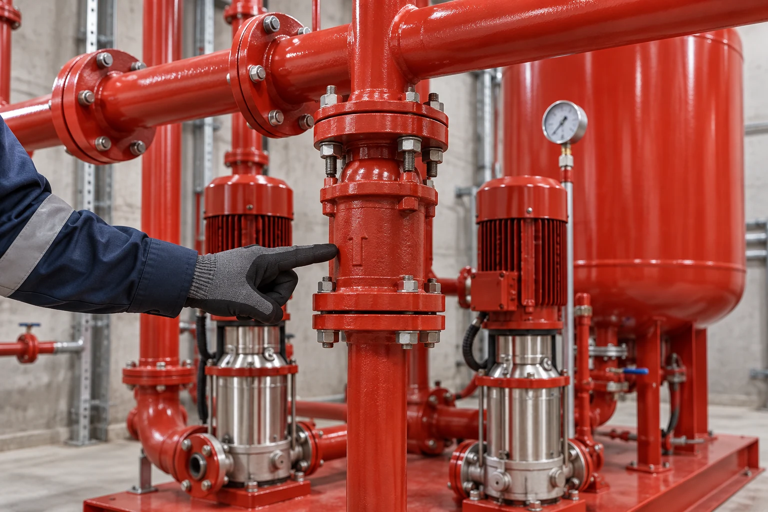 Technician pointing to a spring check valve on a red discharge header