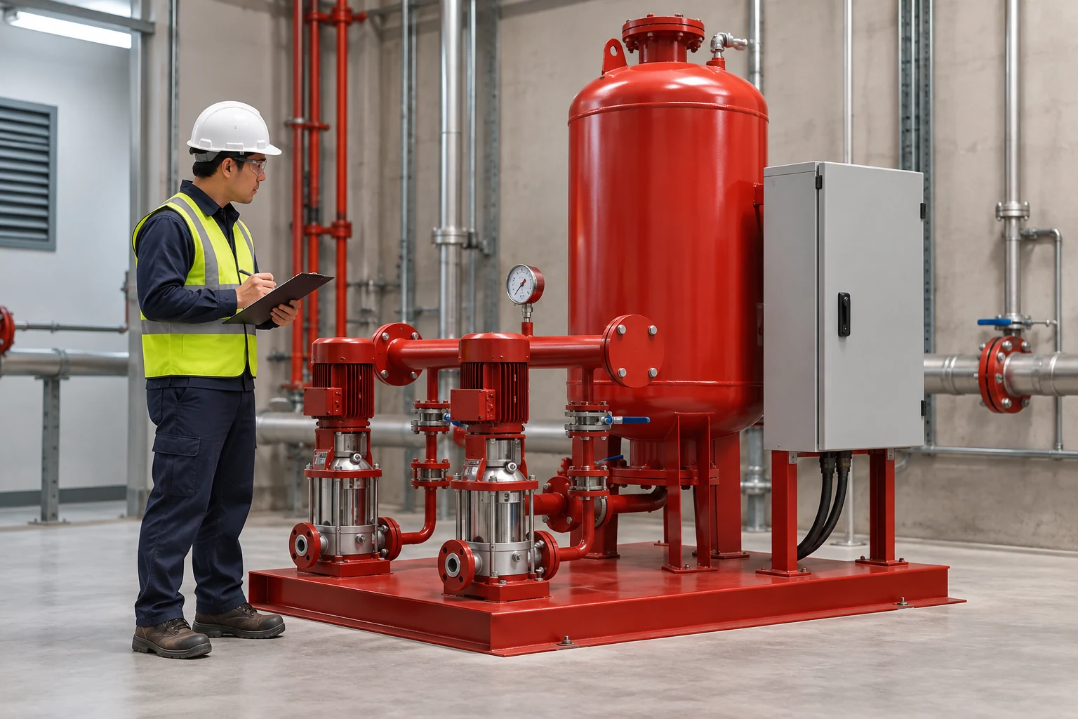 Technician recording pressure while observing a red booster skid