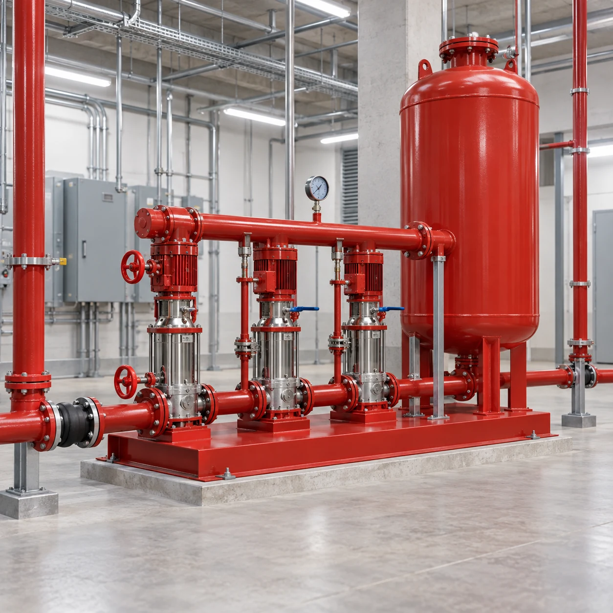 Three stainless vertical pumps and red pressure vessel on a booster skid