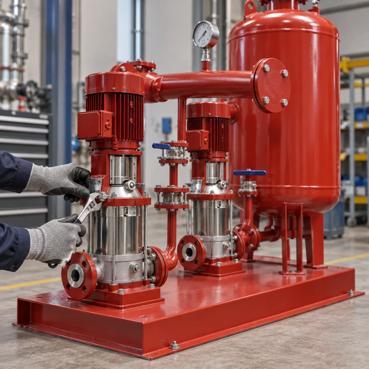 Technician inspecting a two-pump booster skid