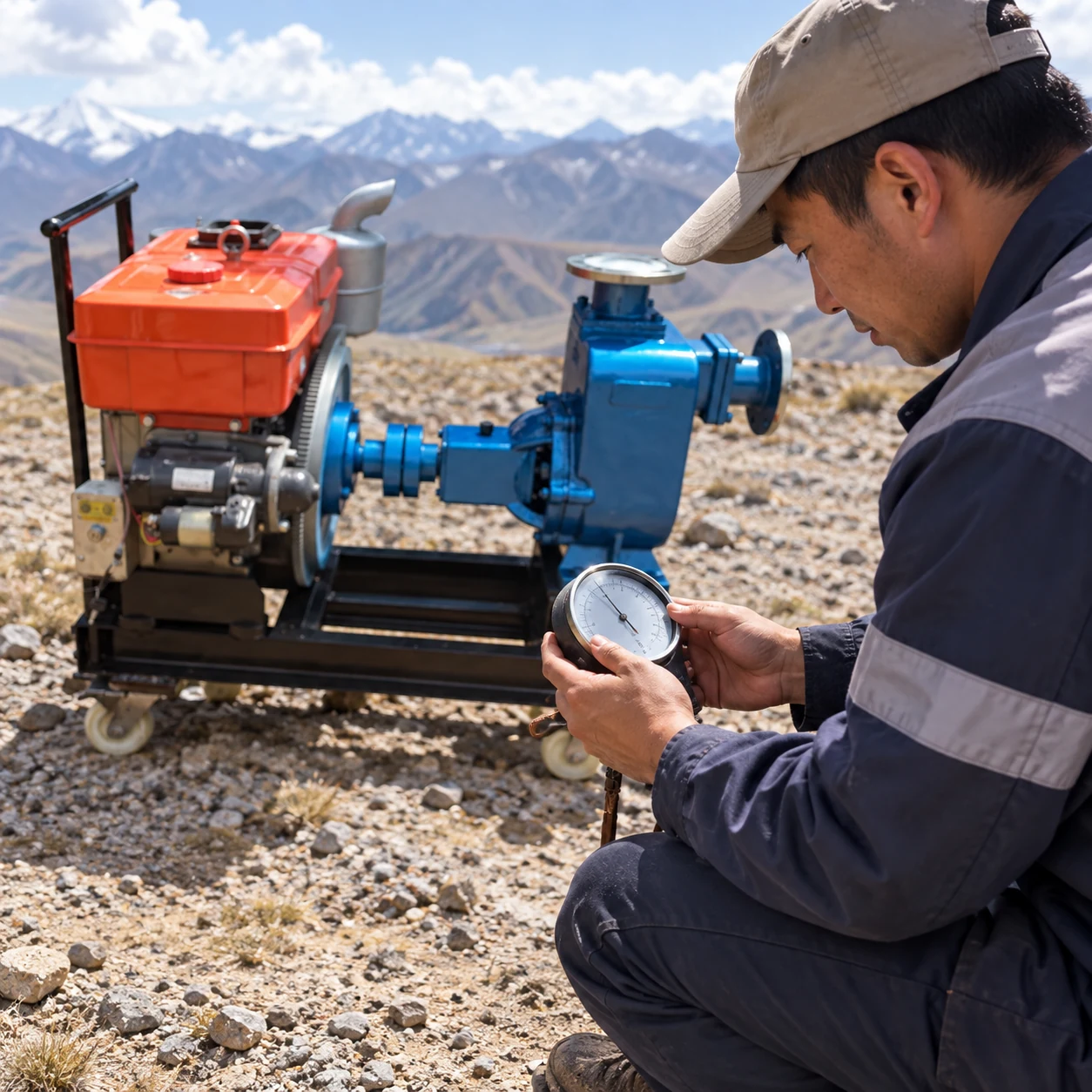 Technician holding a separate barometer near an orange-and-blue diesel pump