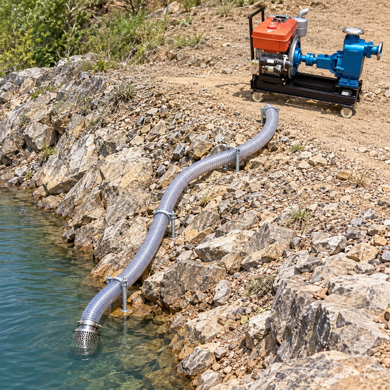 Supported suction hose reaches a lower water source with diesel pump nearby
