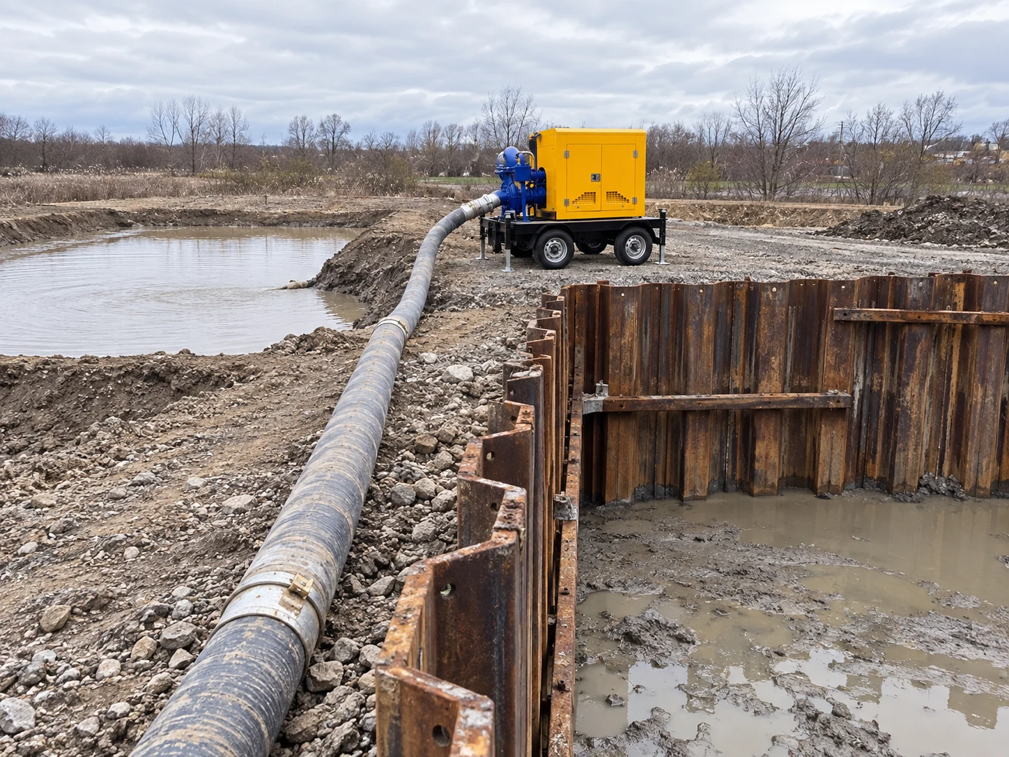 Wide view of a ZBCY trailer pump and long supported discharge hose outside a sheet pile enclosure