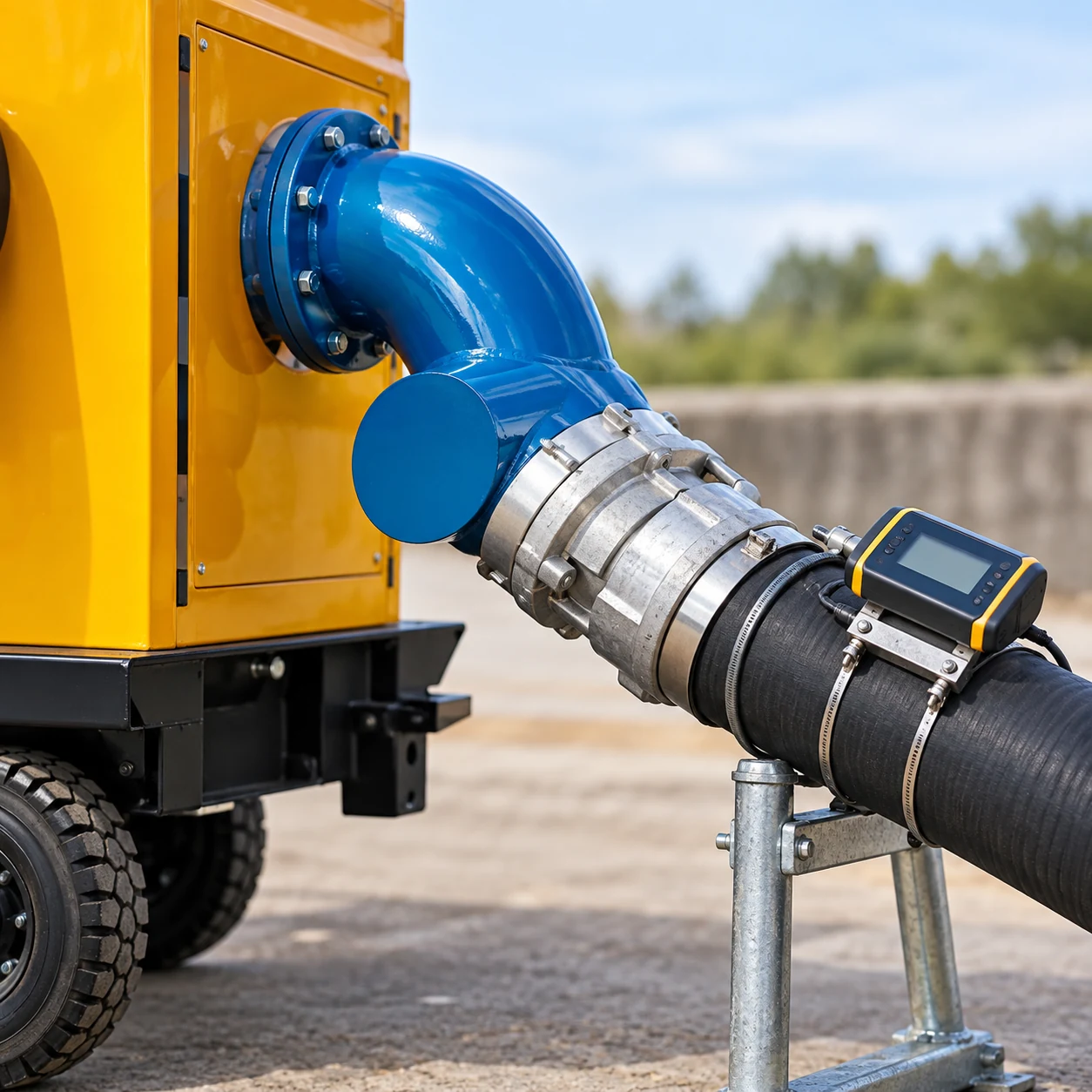 Clamp-on flow meter on hose connected to the CHWY pump blue outlet