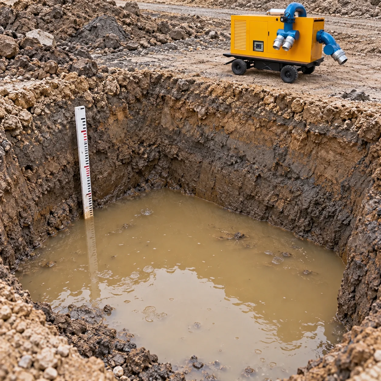 Water-level staff in a muddy excavation with CHWY pump parked above