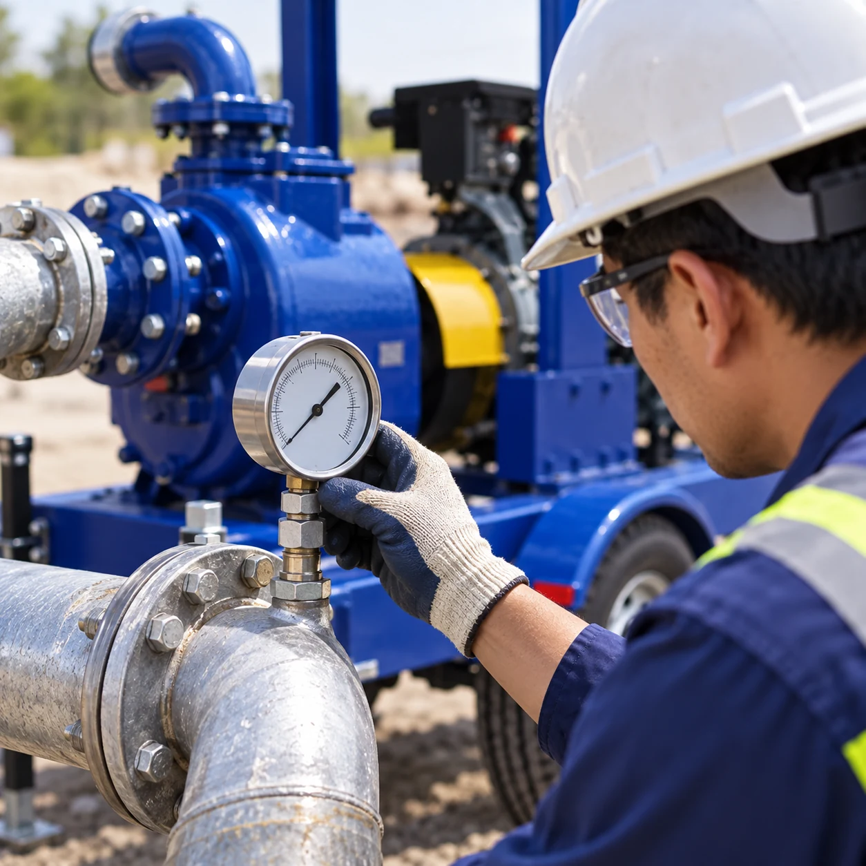 Technician reading an external gauge beside a blue SCPY trailer pump