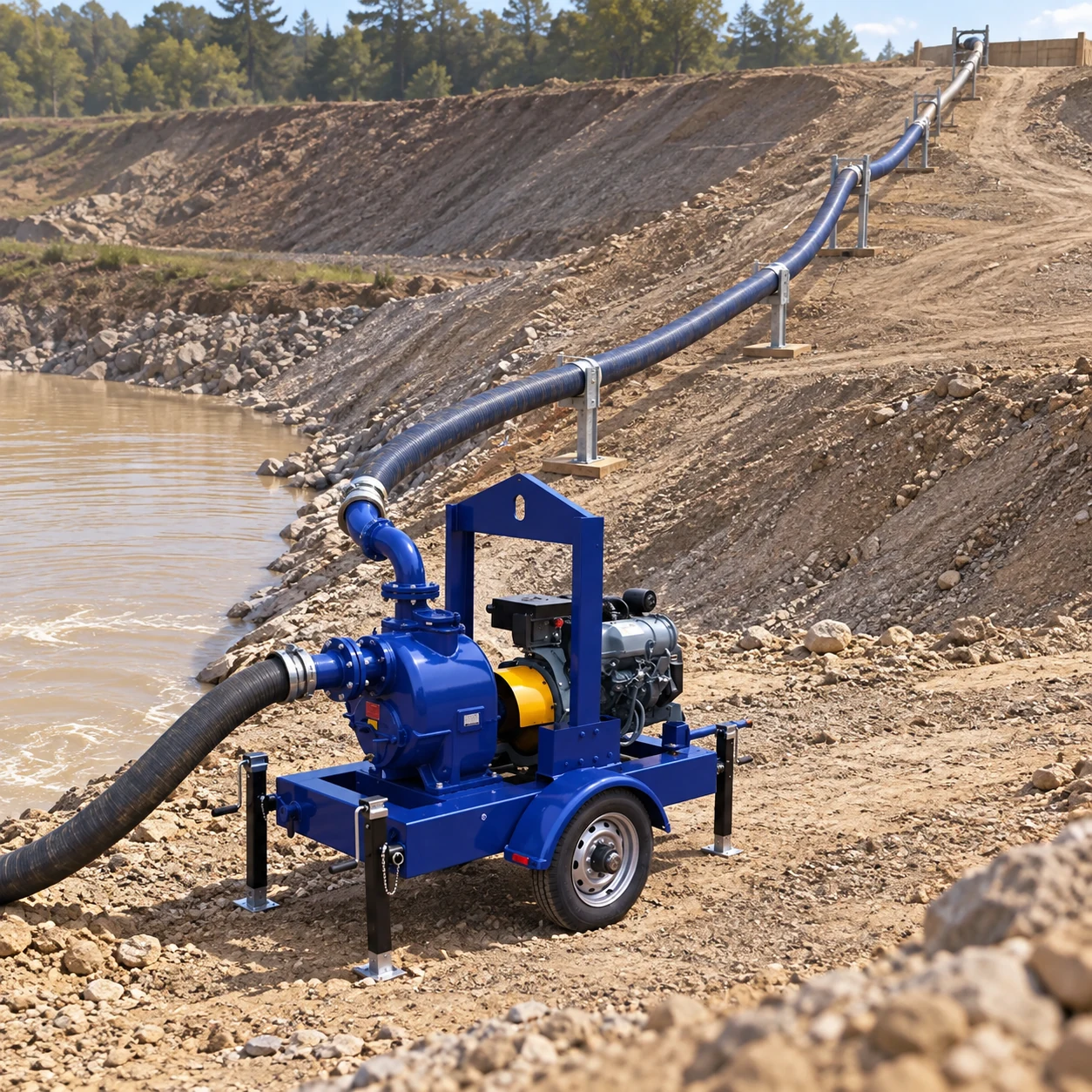 Blue SCPY trailer pump with supported discharge hose running up a construction grade