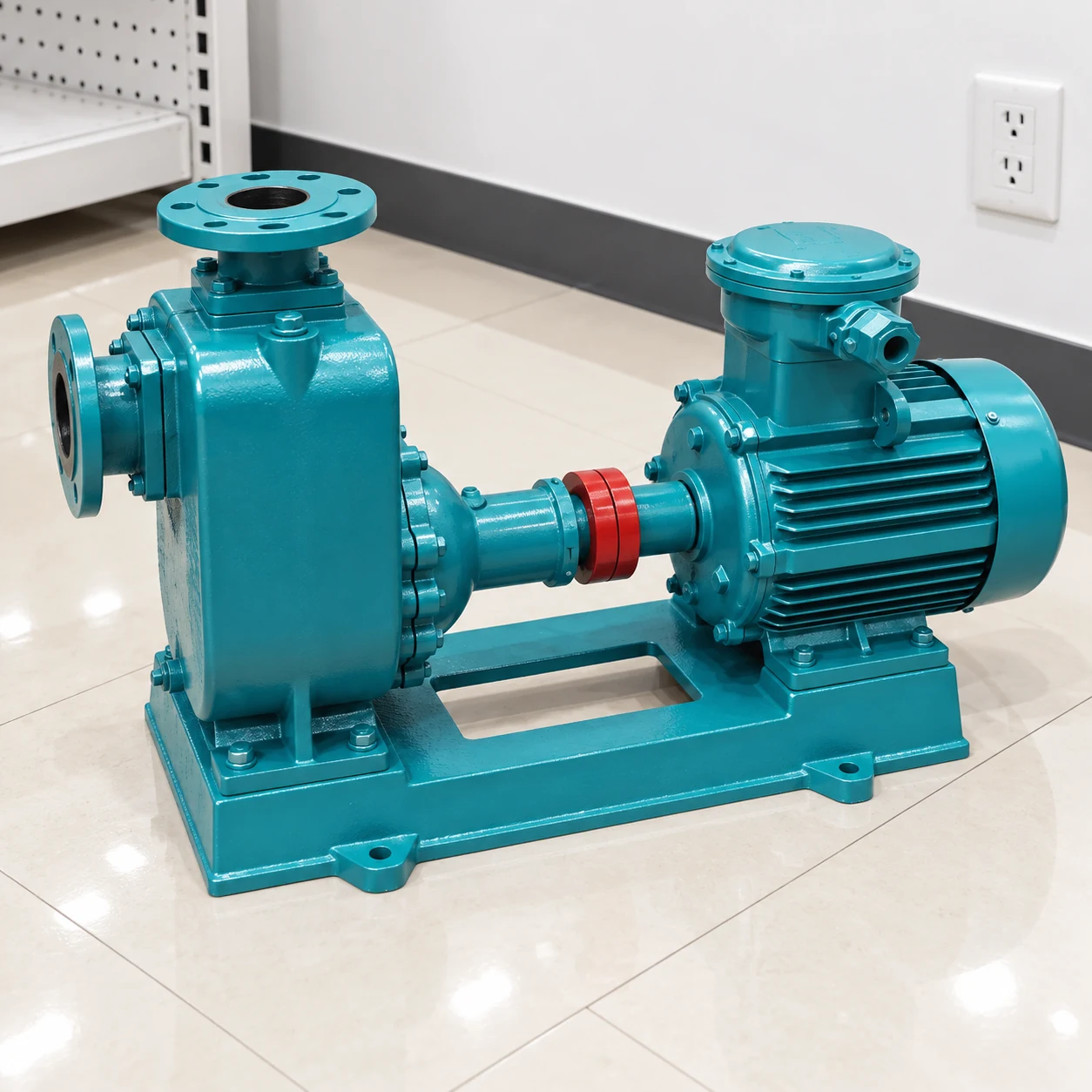 Teal electric self-priming pump with red coupling in a clean equipment room