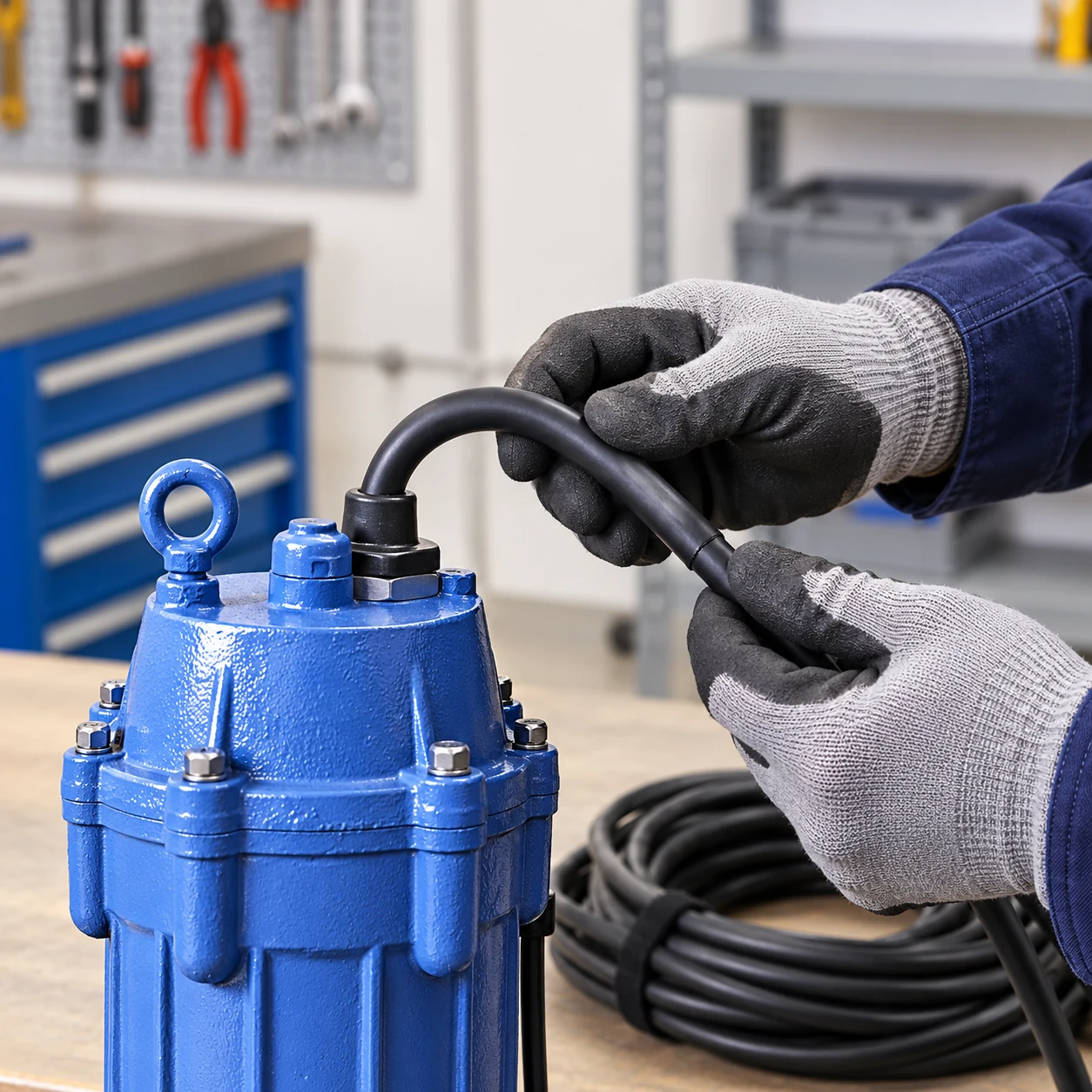 Gloved hands checking the cable at the top of a blue WQ submersible pump on a dry bench