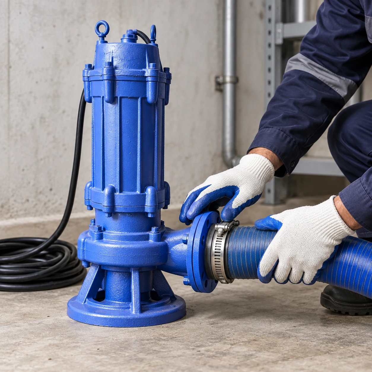 Gloved technician connecting a discharge hose to a blue WQ pump on dry concrete