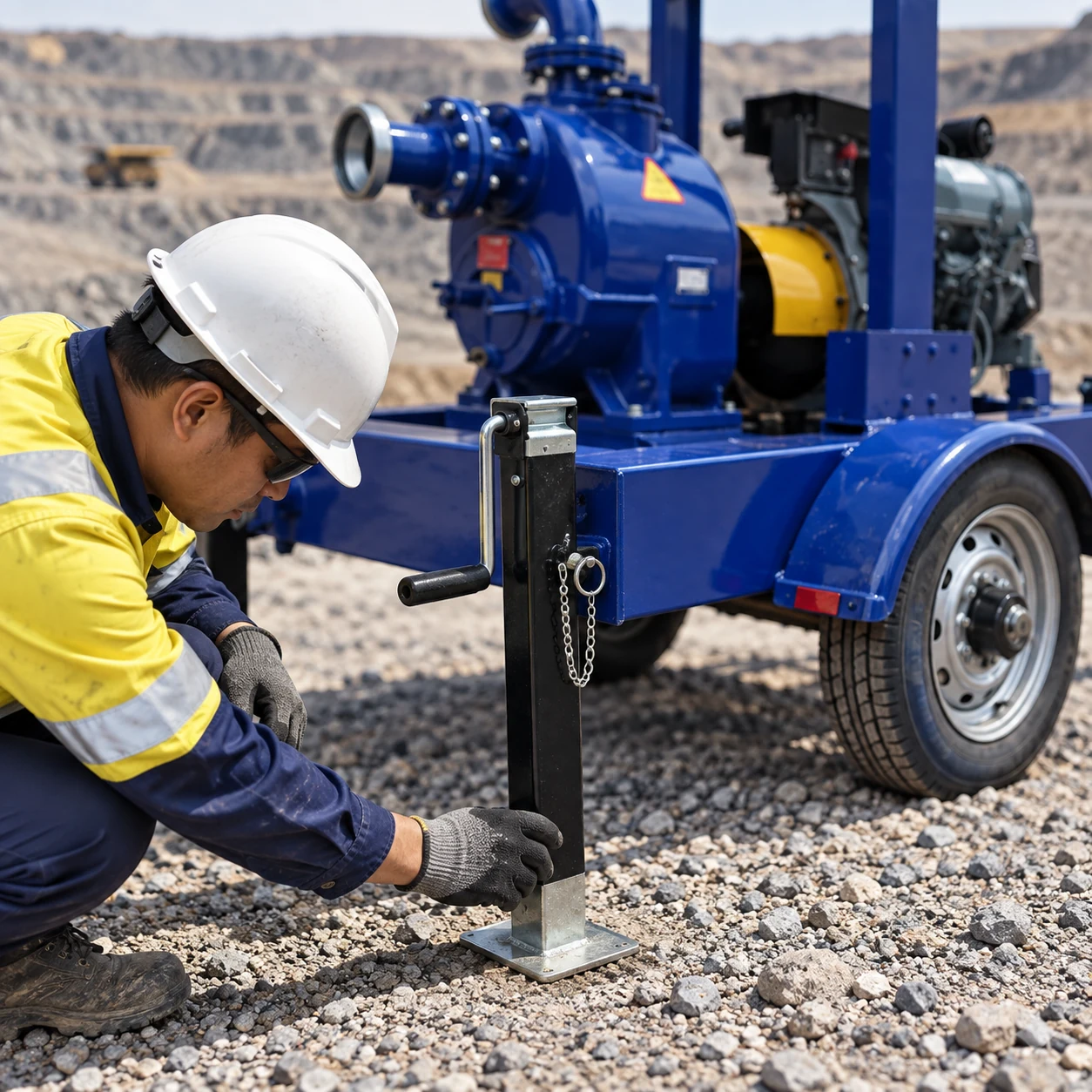 Technician checking a black stabilizing jack on a blue pump trailer