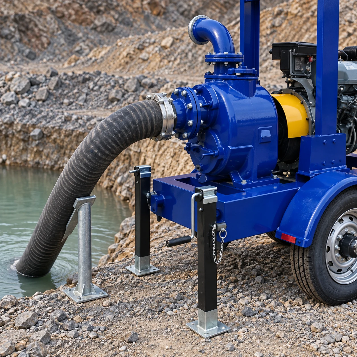 Close view of blue SCPY pump inlet and supported hose near a mine sump