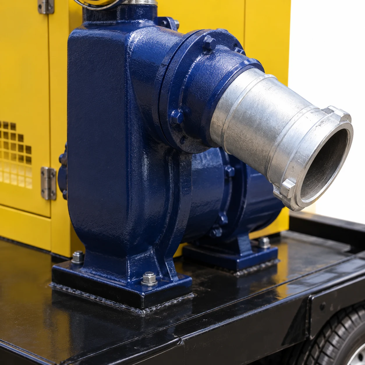 Close view of a silver outlet on the dark-blue ZBCY pump beside yellow cabinet
