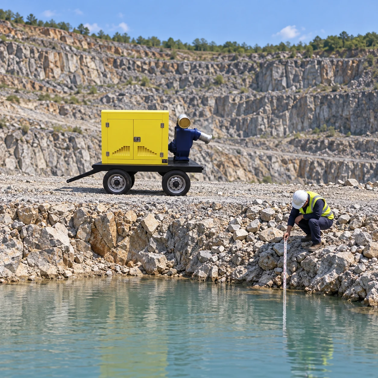 Technician measuring lower quarry water with yellow ZBCY trailer parked above