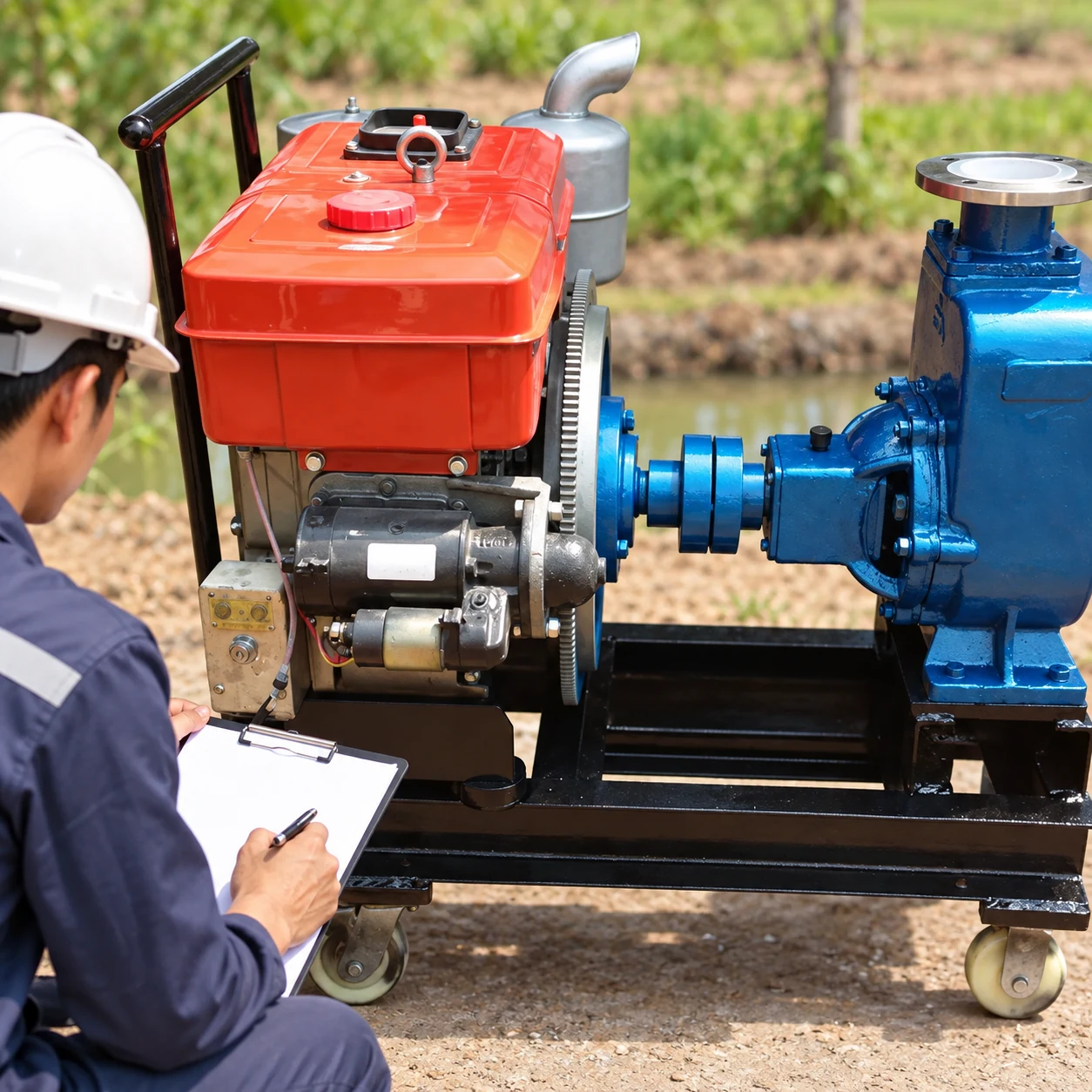 Technician recording condition of an orange single-cylinder engine beside a blue pump