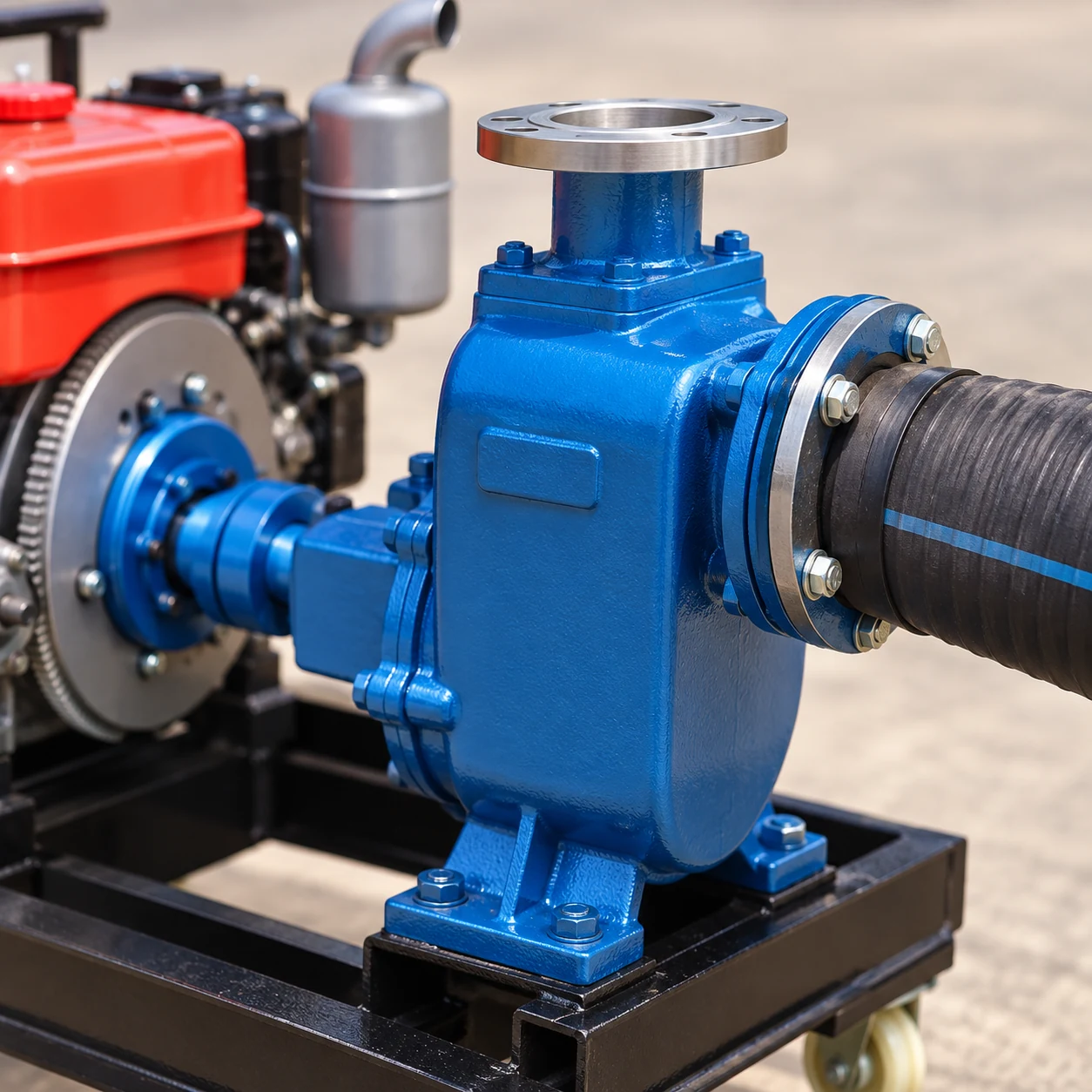 Black hose connected to the horizontal suction flange of a blue diesel-driven irrigation pump