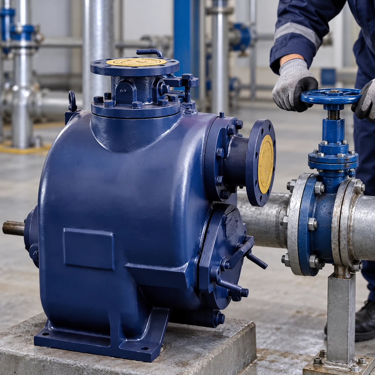 Dark-blue bare-shaft SP pump casing and a separate external suction valve