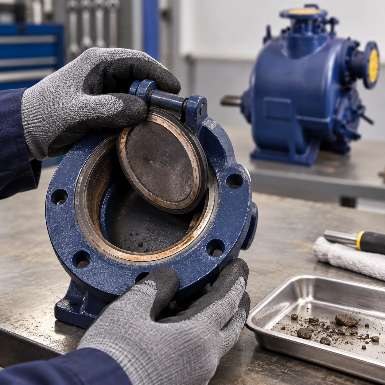 Gloved hands holding a check-valve seat with a dark-blue SP pump behind