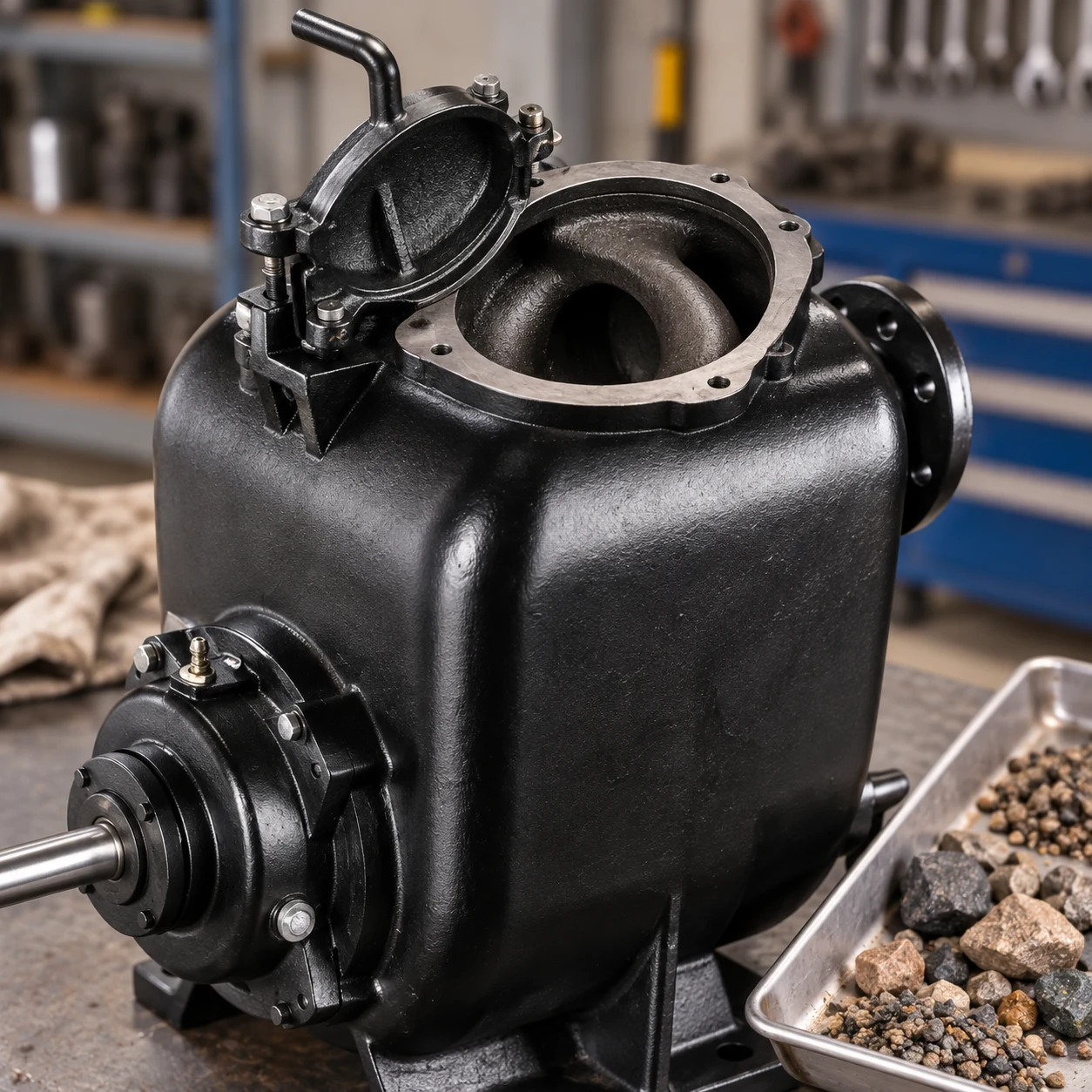 Open top inspection point of a black SP bare-shaft pump beside gravel samples