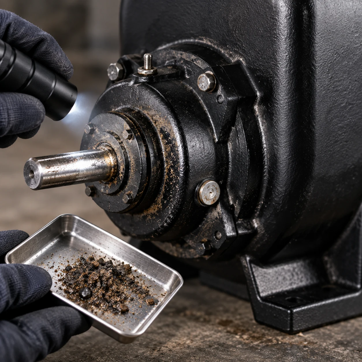 Gloved technician inspecting the black pump shaft and casing with sediment samples